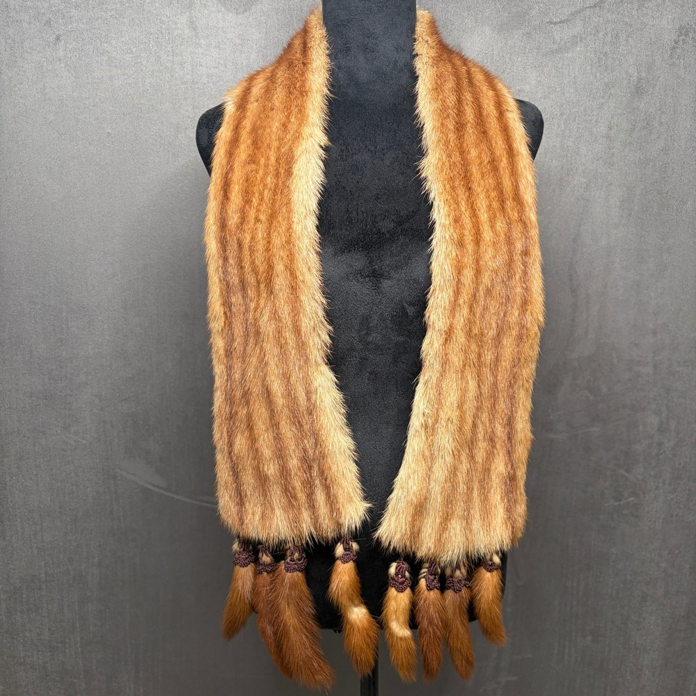 Vintage Mink Pelt Shawl Stole Tail Fringe Brown Stripe Tail Tassel Regency Glam